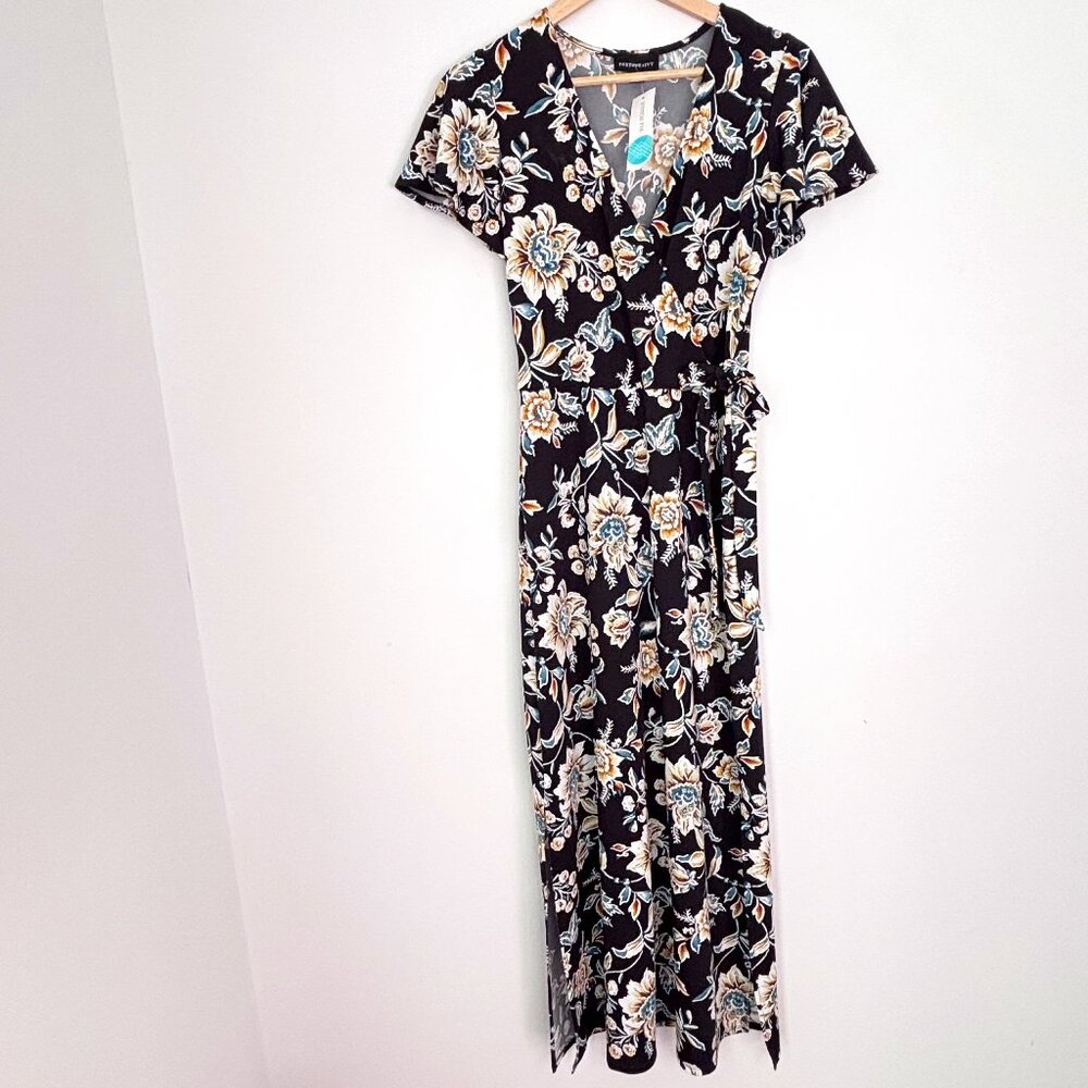 Fortune Ivy Floral Black Faux Wrap Dress Size Medium NEW no tag b64